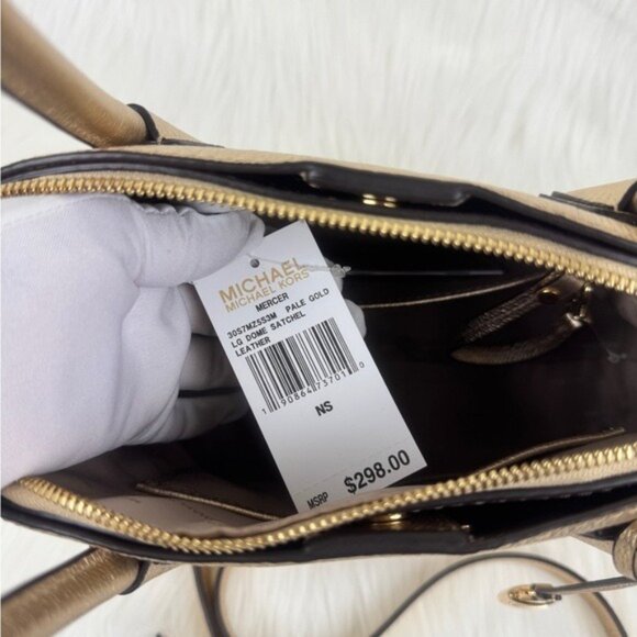 Michael Kors Mercer Metallic Gold Leather Dome Satchel Shoulder Crossbody Bag - Picture 8 of 17
